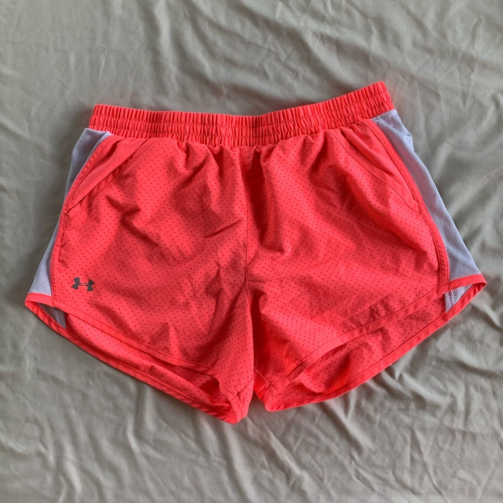 Neon pink/orange and white under armour running shorts size medium